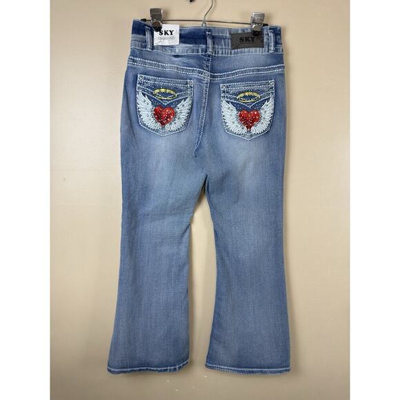 Sky Denim - New Sky Premium Women’s Jeans Size 13 Mid Rise Flare Heart Embellished Y2K